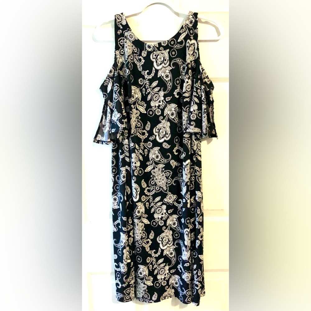 Glamour Black White Boho Paisley Cold Shoulder Split Sleeve Knit Midi Dress 16W